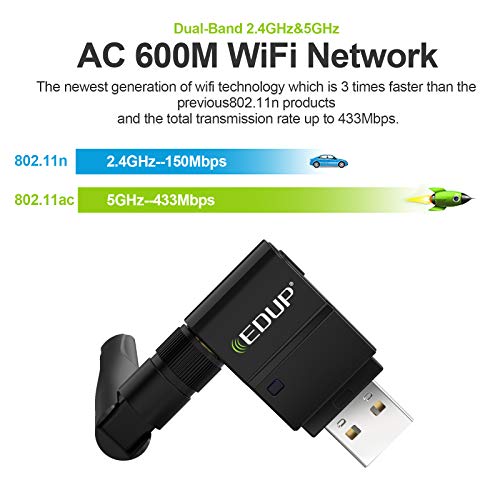 EDUP Adaptador USB WiFi Adaptador de red inalámbrica de doble banda 802.11 AC 2.4G / 5G USB Wi-Fi Dongle con antena extensora Compatible con Windows XP / Vista /7/8.1/10, Mac OS X 10.7-10.15