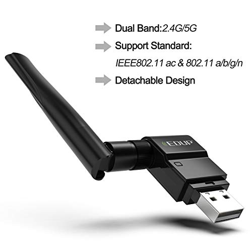 EDUP Adaptador USB WiFi Adaptador de red inalámbrica de doble banda 802.11 AC 2.4G / 5G USB Wi-Fi Dongle con antena extensora Compatible con Windows XP / Vista /7/8.1/10, Mac OS X 10.7-10.15