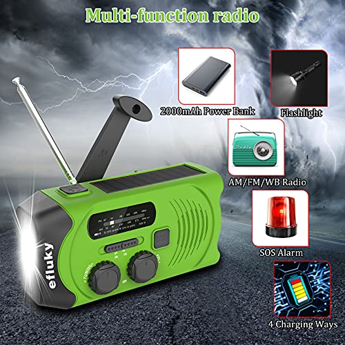 efluky Radio de Emergencia Am/FM Portátil Solar Radio Meteorológica Manivela Recargable Radio con 2000mAh como Power Bank/Lámpara de Lectura de Leds/Linterna LED/Alarma SOS(Verde)