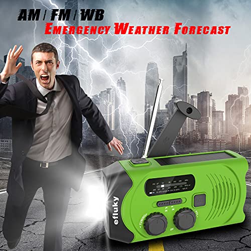 efluky Radio de Emergencia Am/FM Portátil Solar Radio Meteorológica Manivela Recargable Radio con 2000mAh como Power Bank/Lámpara de Lectura de Leds/Linterna LED/Alarma SOS(Verde)