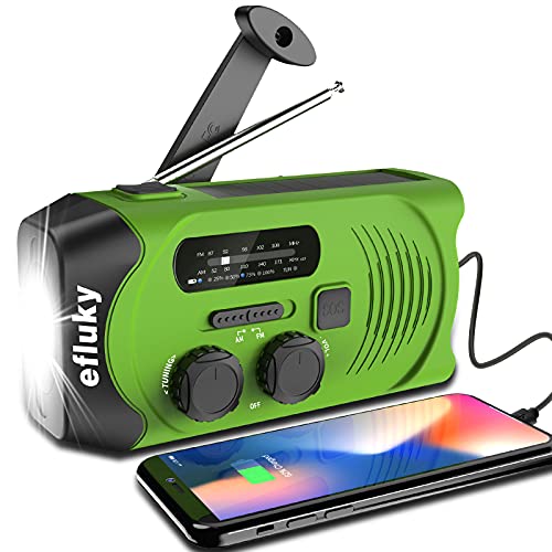 efluky Radio de Emergencia Am/FM Portátil Solar Radio Meteorológica Manivela Recargable Radio con 2000mAh como Power Bank/Lámpara de Lectura de Leds/Linterna LED/Alarma SOS(Verde)