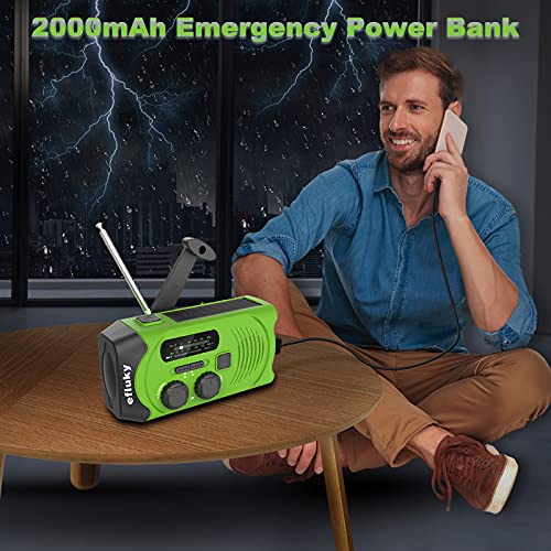 efluky Radio de Emergencia Am/FM Portátil Solar Radio Meteorológica Manivela Recargable Radio con 2000mAh como Power Bank/Lámpara de Lectura de Leds/Linterna LED/Alarma SOS(Verde)