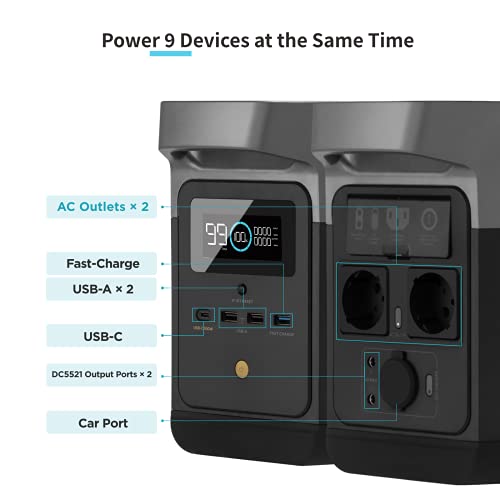 El generador de energía portátil EcoFlow DELTA mini de 882 Wh alimenta hasta 9 dispositivos con una salida de CA de 1400 W, carga rápida y generador solar para exteriores para acampar o viajar