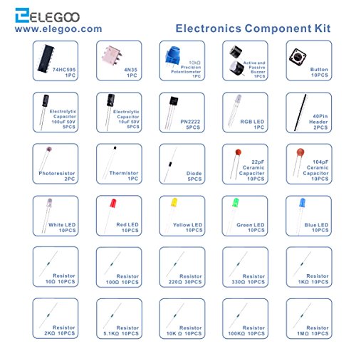 ELEGOO Kit Básico de Componentes Electrónicos con Resistencias, Leds, Condensadores, Zumbador, Potenciómetro Compatible con Arduino UNO R3, Mega de 2560, Raspberry Pi, Nano, Hoja de Datos Disponible