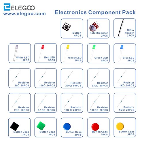 ELEGOO Kit de Componentes Electrónicos con Resistencias, Leds, Conmutadores, Potenciómetros, Hoja de Especificaciones Disponible, Compatible con Arduino IDE, UNO R3, Mega de 2560, Raspberry Pi, Nano