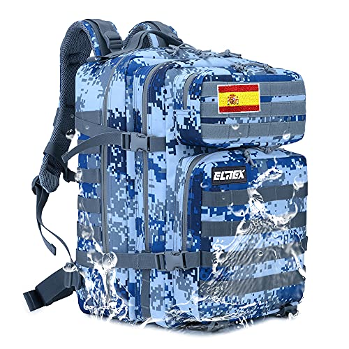 ELITEX Mochila 45L Táctica Militar Bandera España Impermeable Deportiva Caza Aire Libre Deportes Gimnasio Portatil (Azul Digital)