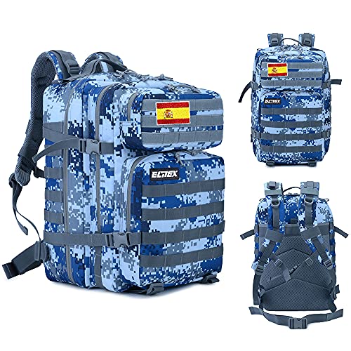 ELITEX Mochila 45L Táctica Militar Bandera España Impermeable Deportiva Caza Aire Libre Deportes Gimnasio Portatil (Azul Digital)