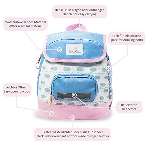 Emma & Noah Mochila para niños ‚Ballena pequeña‘, 2-6 años, Repelente al Agua, Incl. reflectores, Correa en el Pecho, Mochila bebé para guardería, Mochila Infantil pequeña (Niña)