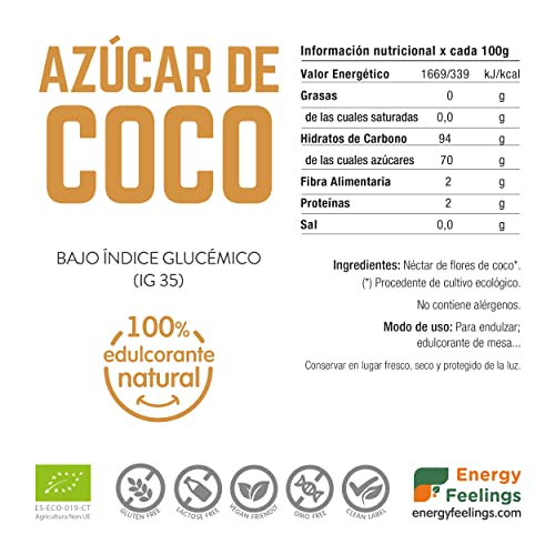 Energy Feelings Azúcar de Coco Ecológico | Azúcar de Flor de Coco Integral Orgánico | Azúcar de Coco Natural con Bajo Índice Glucémico | Sin Gluten | Vegano | Pack XXL 2Kg