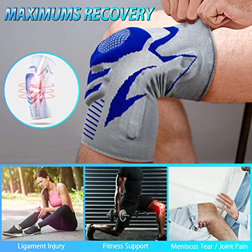 ENONEO Rodillera Ligamentos 2 Piezas Transpirable y Antideslizante Vendaje de Rodilla Hombre y Mujer Rodilleras Deportiva Compresion para Voleibol, Correr, Crossfit, Bicicleta(Azul XL)