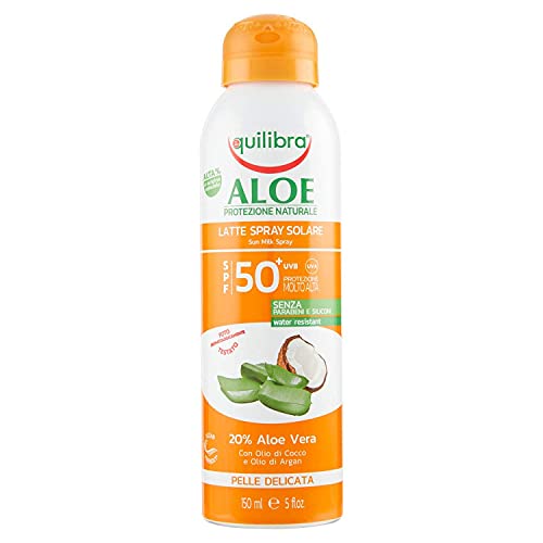 Equilibra Protector Solar, Spray Leche Solar Spf 50+ con Aloe Vera, Aceite de Coco y de Argán y Vitamina E, Pieles Delicadas, Protege del Eritema y del Fotoenvejecimiento, Resistente al Agua, 150 ml
