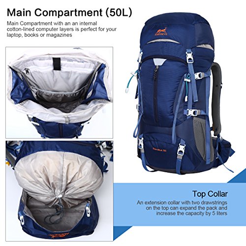 Eshow Mochilas 50L de Senderismo Impermeable con Gran Capacidad, Macuto Multifuncional de Nailon para Viajes Montaña Acampada Trekking Excursiones Esquí Snowboard