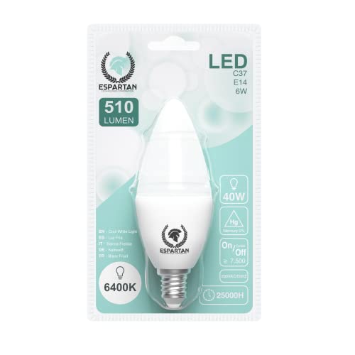 Espartan - Bombillas LED E14 Luz Fría Vela 6W, 6400K, 510 lúmenes, Equivalente a 40W Bombilla Incandescente Halógena, Bombilla LED E14 Luz Fría, Rosca Casquillo fino, Blanco Frío - 3 unidades