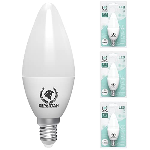 Espartan - Bombillas LED E14 Luz Fría Vela 6W, 6400K, 510 lúmenes, Equivalente a 40W Bombilla Incandescente Halógena, Bombilla LED E14 Luz Fría, Rosca Casquillo fino, Blanco Frío - 3 unidades