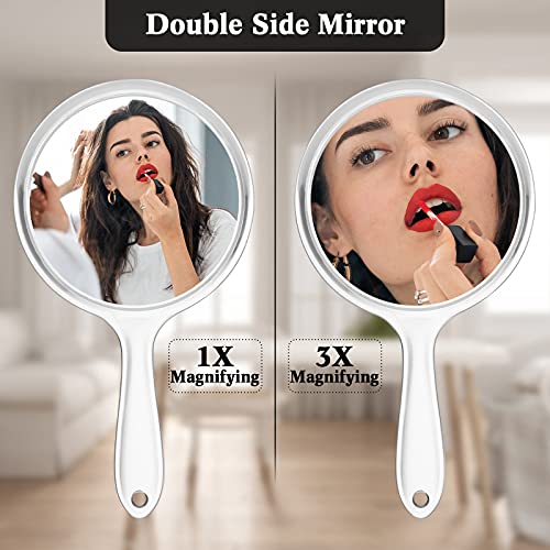 Espejo de Mano de Doble Cara Espejo de Aumento 1X/ 3X con Mango Espejo de Maquillaje de Forma Redondo Espejo Multiusos para Mujeres de Maquillaje Diario, Transparente