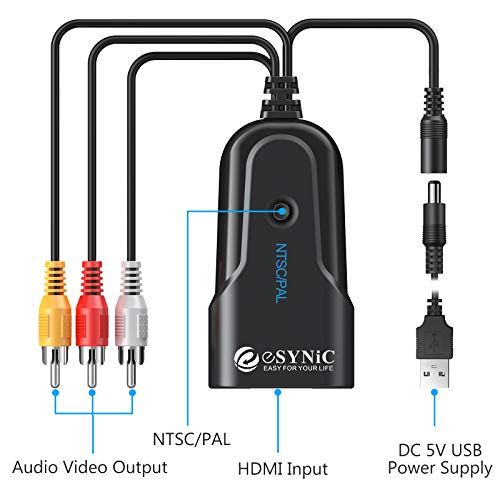 eSynic HDMI a RCA Convertidor Cable 1080P HDMI a Audio Video Converter Soporta HDMI 1.3 y soporta PAL/NTSC. Dos formatos de TV estándar para Fire Stick PS3 DVD, Roku TV