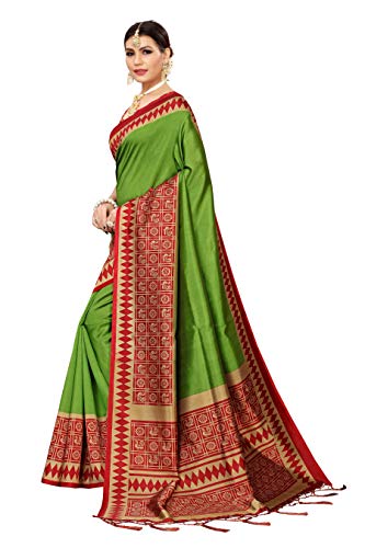 ETHNICMODE Women's Banarasi Art Silk Fabrics Multi-Colored Printed Sari with Blouse Piece (Fabric) ANJANA Mehendi