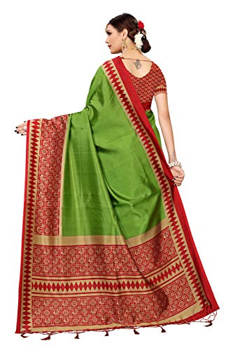 ETHNICMODE Women's Banarasi Art Silk Fabrics Multi-Colored Printed Sari with Blouse Piece (Fabric) ANJANA Mehendi