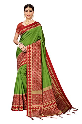 ETHNICMODE Women's Banarasi Art Silk Fabrics Multi-Colored Printed Sari with Blouse Piece (Fabric) ANJANA Mehendi