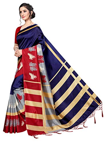 ETHNICMODE Women's Banarasi Art Silk Fabrics Multi-Colored Printed Sari with Blouse Piece (Fabric) Finger Navy