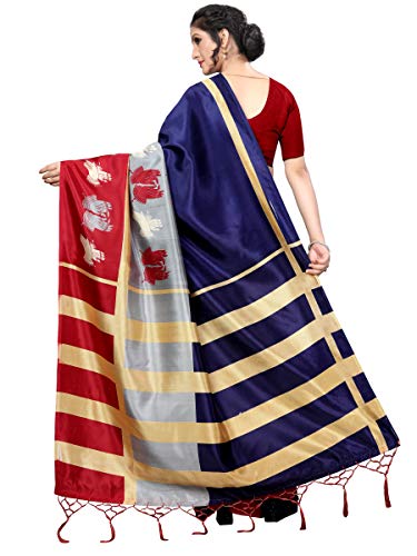 ETHNICMODE Women's Banarasi Art Silk Fabrics Multi-Colored Printed Sari with Blouse Piece (Fabric) Finger Navy