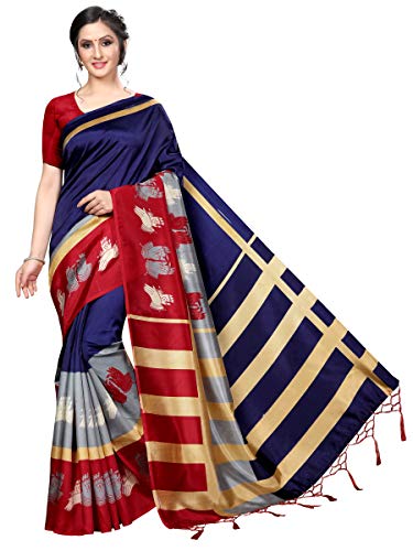 ETHNICMODE Women's Banarasi Art Silk Fabrics Multi-Colored Printed Sari with Blouse Piece (Fabric) Finger Navy