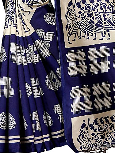ETHNICMODE Women's Banarasi Art Silk Fabrics Multi-Colored Printed Sari with Blouse Piece (Fabric) Hyundai Navy