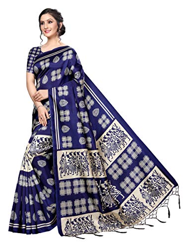 ETHNICMODE Women's Banarasi Art Silk Fabrics Multi-Colored Printed Sari with Blouse Piece (Fabric) Hyundai Navy