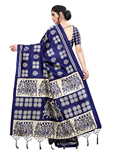 ETHNICMODE Women's Banarasi Art Silk Fabrics Multi-Colored Printed Sari with Blouse Piece (Fabric) Hyundai Navy