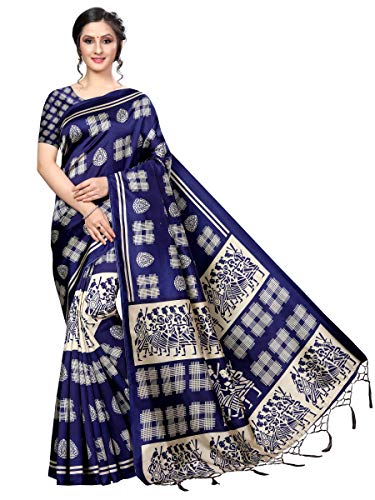 ETHNICMODE Women's Banarasi Art Silk Fabrics Multi-Colored Printed Sari with Blouse Piece (Fabric) Hyundai Navy