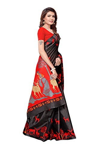 ETHNICMODE Women's Khadi Silk Fabrics Multi-Colored Printed Sari with Blouse Piece (Fabric) Kalamkari 12 Black