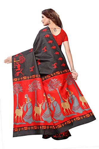 ETHNICMODE Women's Khadi Silk Fabrics Multi-Colored Printed Sari with Blouse Piece (Fabric) Kalamkari 12 Black