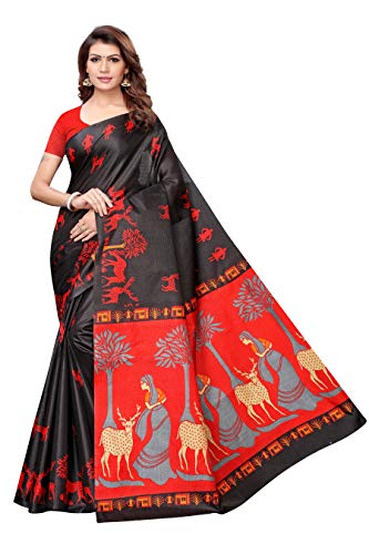 ETHNICMODE Women's Khadi Silk Fabrics Multi-Colored Printed Sari with Blouse Piece (Fabric) Kalamkari 12 Black