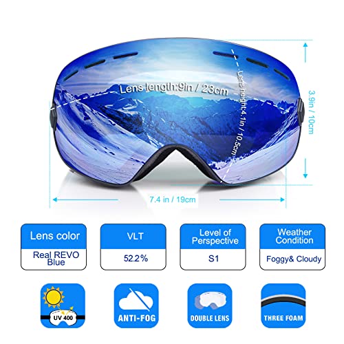 EXP VISION Gafas de esquí de snowboard para hombres, mujeres y jóvenes, gafas de esquí de snowboard con anti niebla y protección UV400, lentes duales, gafas de nieve (azul)