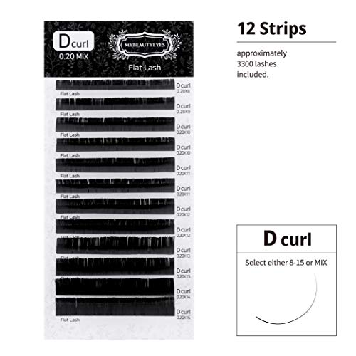 Extensiones de pestañas Flat Lash, extensiones de pestañas, accesorio de peluquería, D Curl, grosor 0,10 – 0,20 mm y longitud de 8 – 15 mm (0.20mm, MIX)