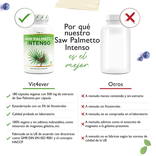 Extracto de palma enana americana - 180 cápsulas con 500 mg de extracto - Premium: 5% de fitoesteroles = 25 mg - Extracto de palma enana americana en dosis altas - Vegano