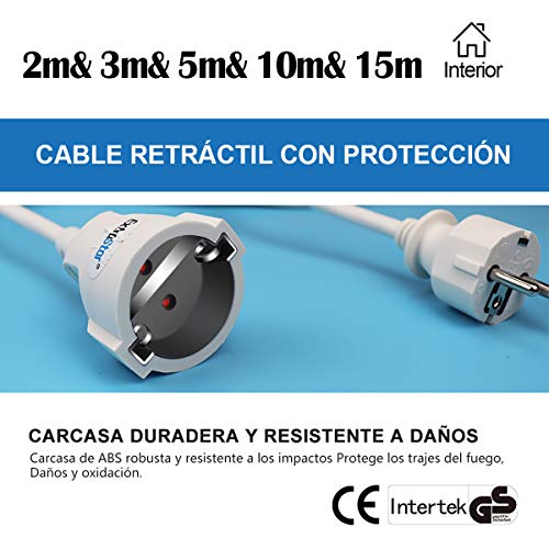 EXTRASTAR Cable Extensible con PROTECCIÓN, Cable Extensible electrico 10 Metros 230V / 16A / máx. 3680W Blanco