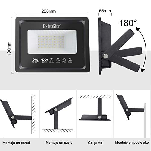 Extrastar Focos LED exterior 50W Potente Luces Led Exterior IP65, Luz Blanca frio 6500K [Clase de eficiencia energética A+]2 Unidades