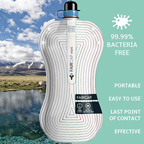 Faircap Purificador de Agua portátil Mini - Filtra el 99.99% de bacterias y Otros patógenos - Ideal para Viajes, Caminatas, campamentos y Deportes de Aventura - para Botellas de Pet de 28 mm.