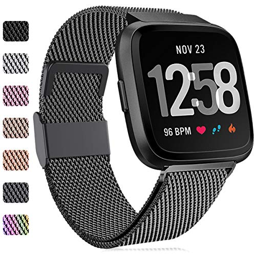 Faliogo Compatible con Fitbit Versa Correa/Fitbit Versa 2 Correa, Correa de Repuesto de Metal de Acero Inoxidable Compatible con Fitbit Versa 2/Versa/Versa Lite, Pequeños, Negro