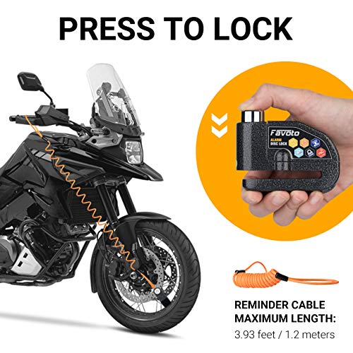 Favoto Candado de Disco de Freno Moto Dispositivo Antirrobo con 110dB Alarma Bloqueo de 7mm para Motos Motocicletas Bicicletas con Cable Recordatorio y Bolsa de Transporte Negro