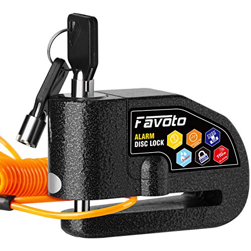 Favoto Candado de Disco de Freno Moto Dispositivo Antirrobo con 110dB Alarma Bloqueo de 7mm para Motos Motocicletas Bicicletas con Cable Recordatorio y Bolsa de Transporte Negro