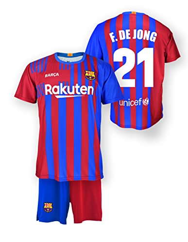 FC. Barcelona Conjunto Camiseta y pantalón Replica 1ª EQ Temporada 2021/22 - Producto con Licencia - Dorsal 21 F. DE Jong - 100% Poliéster - Talla niño 12 años