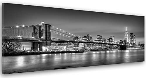 Feeby Frames, Cuadro en lienzo, Cuadro impresión, Cuadro decoración, Canvas de una pieza, 25x70 cm, BLANCO, RASCACIELOS, EDIFICIOS, ARQUITECTURA, AGUA, NEGRO Y EL PUENTE DE BROOKLYN, NUEVA YORK