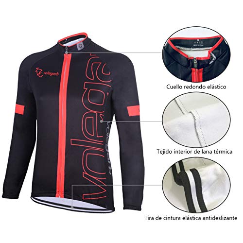 Feilaxleer Ropa Ciclismo Térmico Invierno para Hombre y Mujer - Ciclismo Maillot MTB de Manga Larga de Lana y Culotte Pantalones Acolchado 3D (Negro,L)