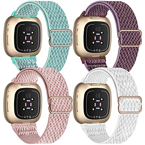 Fengyiyuda 4Pack Correa Compatible con Correa Fitbit Versa 3/Correa Fitbit Sense,Strap de Repuesto de Nailon Transpirable para Mujeres y Hombres,Marine Green/Smoky Purple/Rose Pink/White