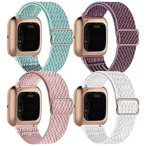 Fengyiyuda 4Pack Nylon Correa Compatible con Fitbit Versa 2/Versa/Versa Lite/Versa SE,Elástico Bandas Suaves para Relojes,Marine Green/Smoky Purple/Rose Pink/White