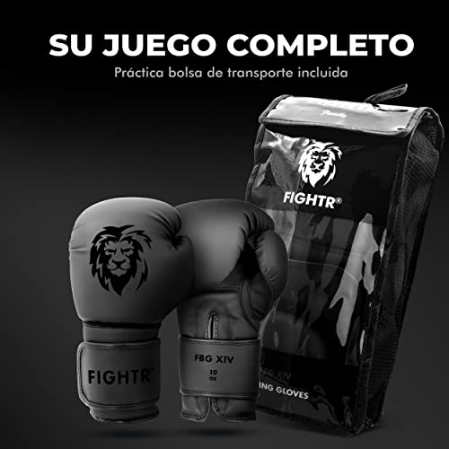 FIGHTR Guantes de Boxeo, Ideales para Estabilidad y Fuerza de Impacto, Guantes para Boxeo, MMA, Muay Thai, Kickboxing y Artes Marciales, Incluye Bolsa de Transporte (All Black, 10 oz)