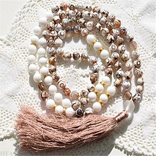 FIISH 8Mm Dzi Bead Gemstone 108 Cuentas Borlas Collar Mala Ing Fengshui Ruyi Yoga Muñeca Hecha a Mano Natural DIY Unisex-Default