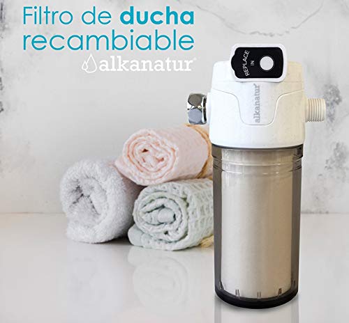 Filtro para ducha Alkanatur - Totalmente libre de sulfito cálcico - Elimina hasta el 99% del cloro y metales pesados - 50.000 litros de agua - Mejora el pelo y la piel